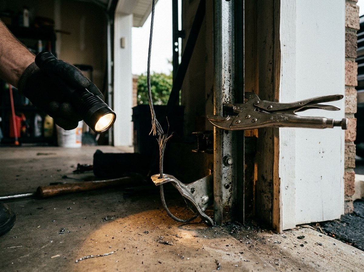 Technician fixing a stuck garage door
