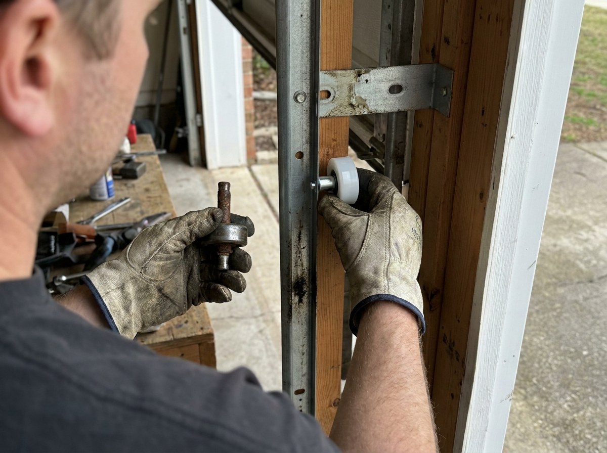 Technician repairing a garage door